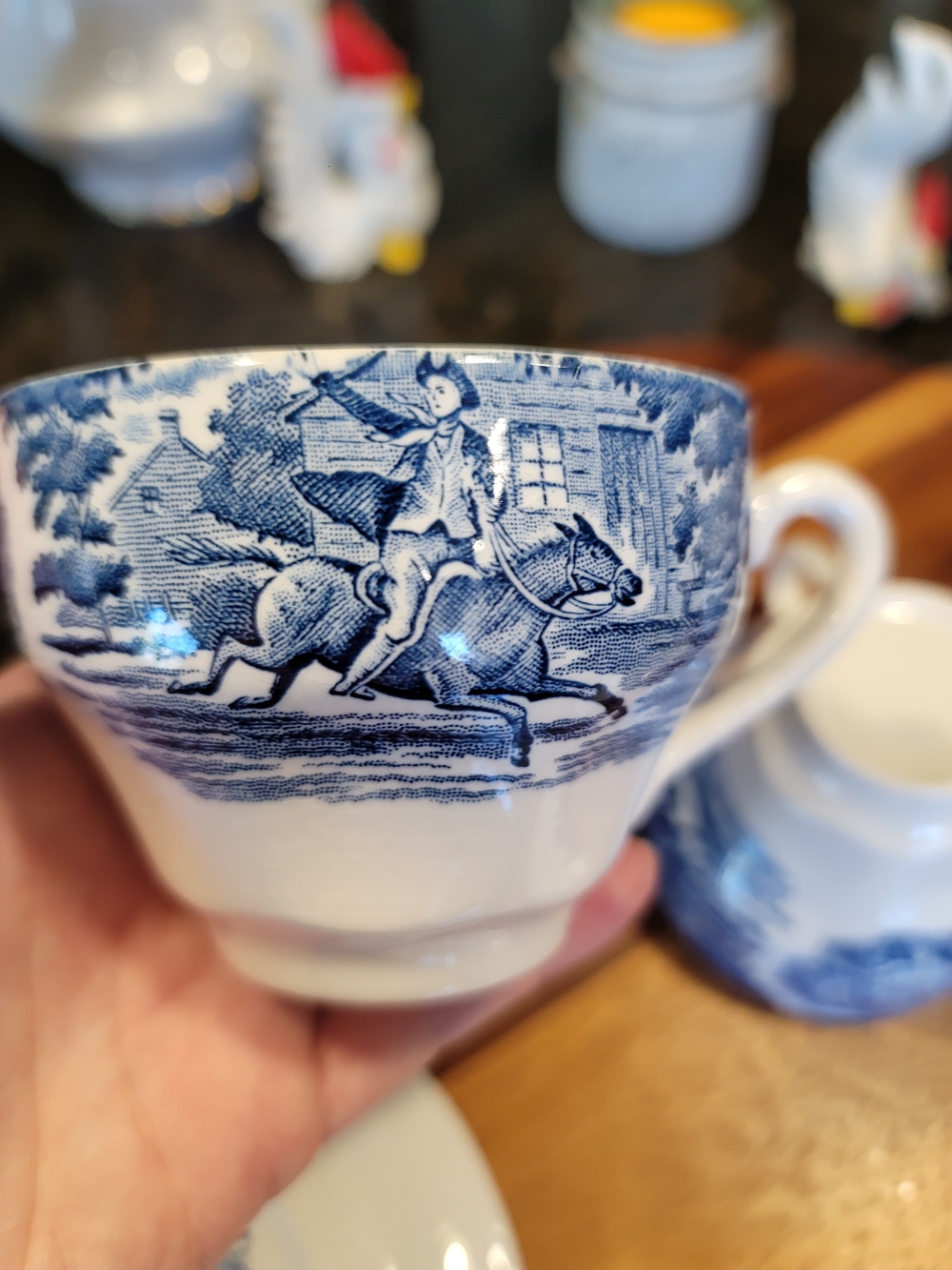 Blue and White Transferware Teacup with Equestrian Scene